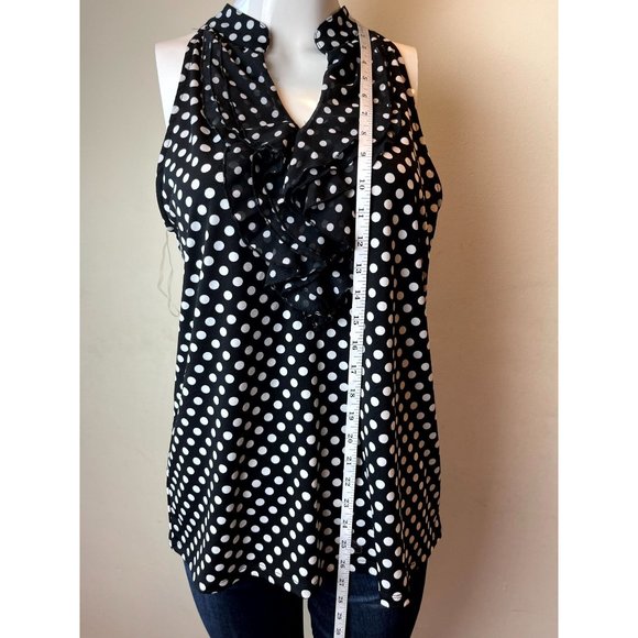 Lola B. Women Polka Dot Sleeveless Blouse Top Ruffle V Neck White Black Size M - Picture 3 of 6